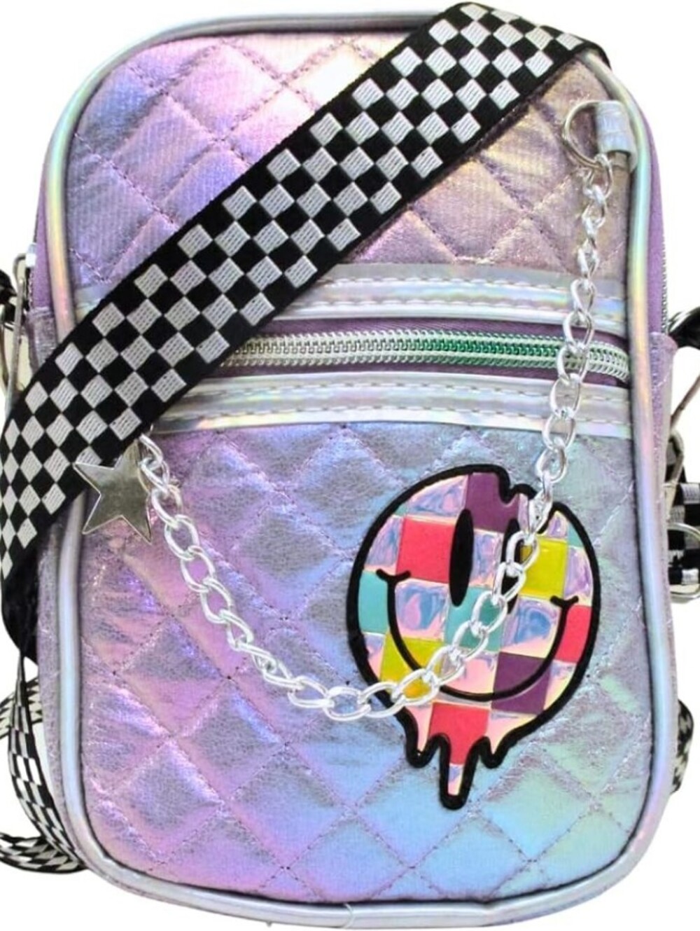 Iridescent Quilted Crossbody Bag with Checker Strap